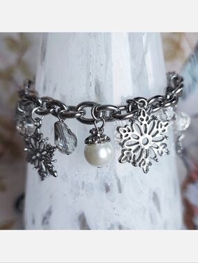 Snowflake Faux Pearls Clear Rhinestone Smoke Crystal Beads Glass Bracelet Anklet